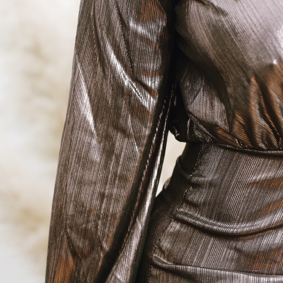 Bronze metallic mini asymmetrical deep-v dress - Picture 9 of 10